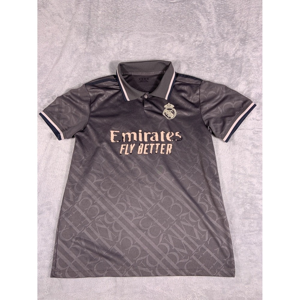 adidas Real Madrid Vinicius Jr #7 Soccer Jersey Gray Emirates Fly Better Boys L